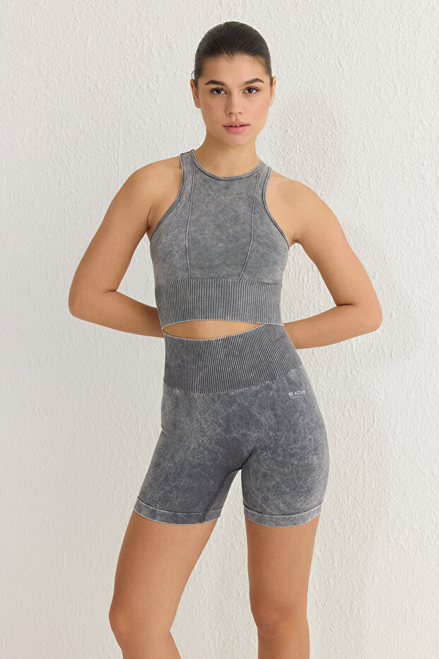 Antrasit Seamless/Dikişsiz Crop Yıkamalı Halter Yaka Örme Spor Üst/Bluz THMSS23SS00004 - 2