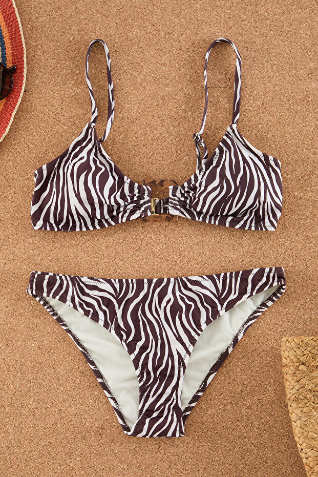 Zebra Desenli Aksesuarlı Bralette Kaplı Regular Normal Bel Bikini Takımı TBESS25BT00054 - 5