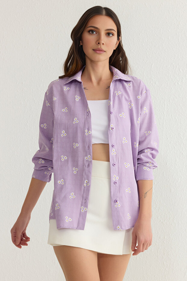 Lila Çizgili Çiçek Desenli Pamuklu Oversize Geniş Kalıp Dokuma Gömlek TWOSS23GO00373 - 2