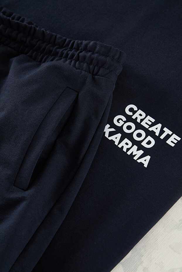 Lacivert Oversize/Geniş Kesim Bisiklet Yaka Yazı Baskı T-shirt-Şort Büyük Beden Eşofman Takımı - 3