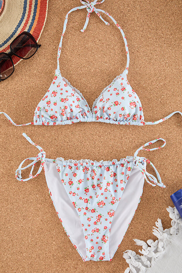 Çiçek Desenli Dantel Detaylı Üçgen Kaplı Brazilian Düşük Bel Bikini Takımı TBESS25BT00077 - 5