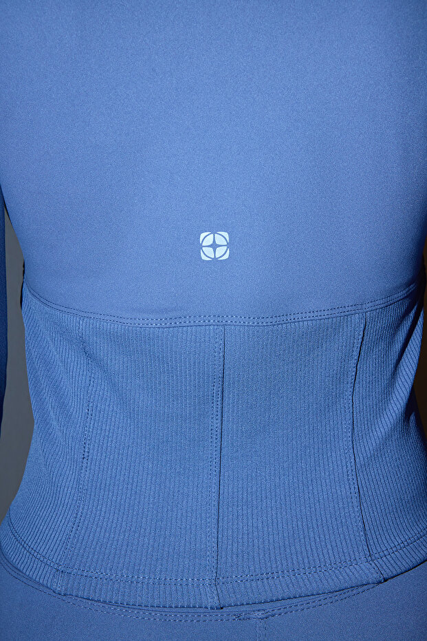 Indigo Fırçalı Soft Kumaş Baş Parmak Delikli Örme Spor Ceket/Sweatshirt THMAW25SK00001 - 5