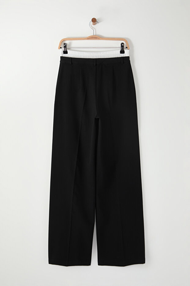 Siyah Wide Leg Bel Boxer Detaylı Dokuma Kumaş Pantolon TWOAW24PL00273 - 7
