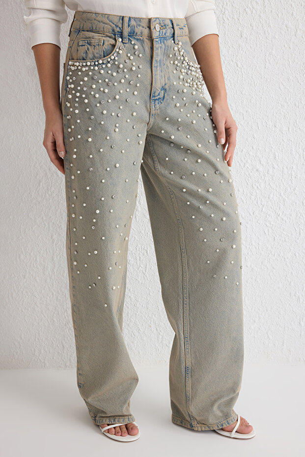 Blue Pearl Detailed Rhinestone Regular Waist Barrel Jeans Twoss25Je00028