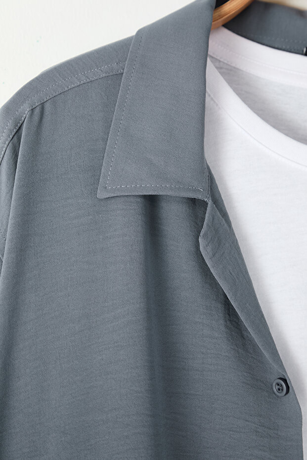 Gri Regular Fit Fit Apaş Yaka Yazlık Keten Görünümlü Büyük Beden Gömlek TMNSS24AX00012 - 5