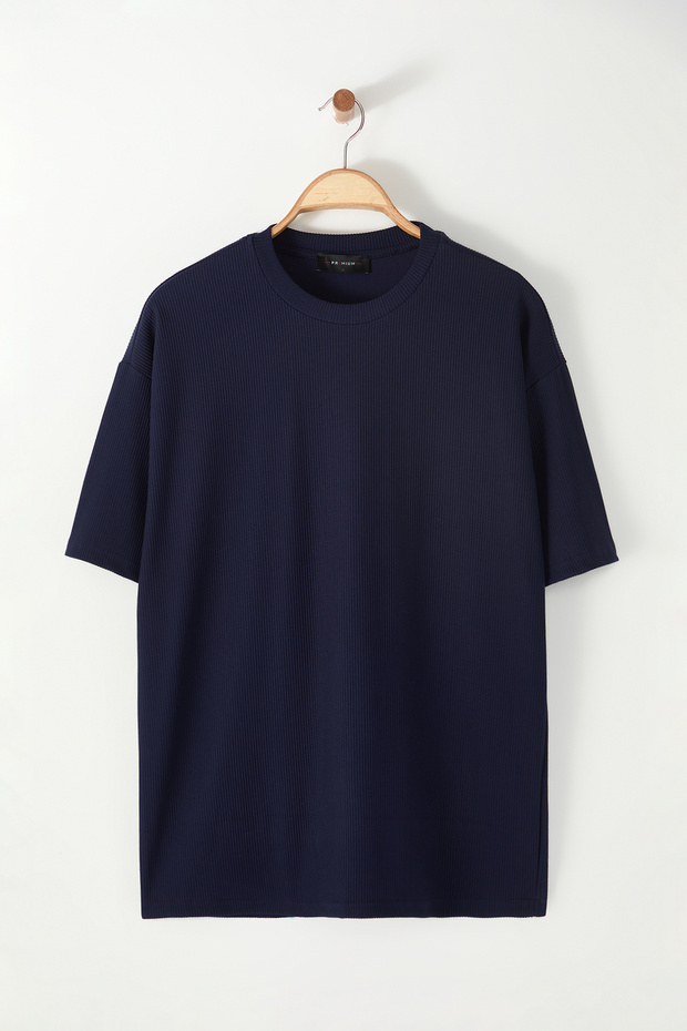 Lacivert Oversize Bisiklet Yaka Kısa Kol Dokulu Kırışmaz Ottoman T-Shirt TMNSS23TS00081 - 6
