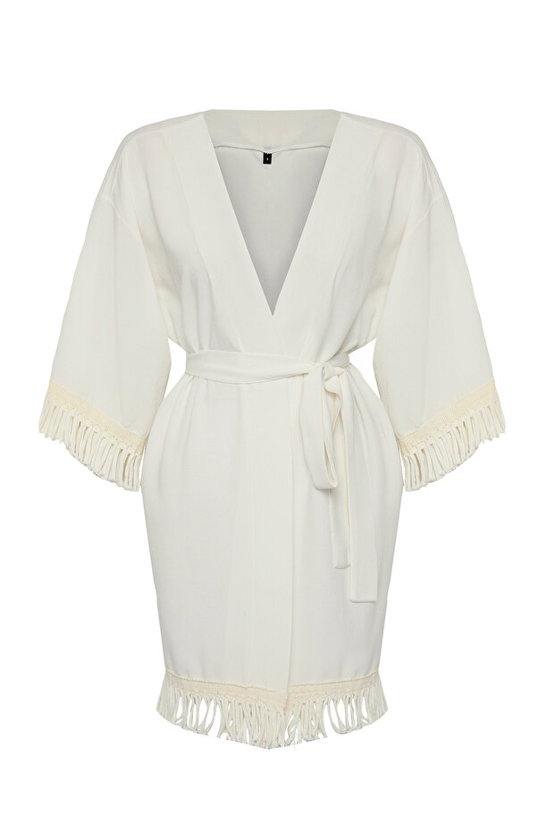 Ekru Dokuma Püskül Plaj Mini Kuşaklı Kimono&Kaftan TBESS25KM00001 - 5