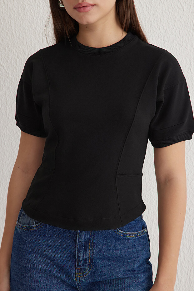 Siyah Fitted/Vücuda Oturan Bisiklet Yaka Esnek  Örme Bluz TWOSS25BZ00009 - 3