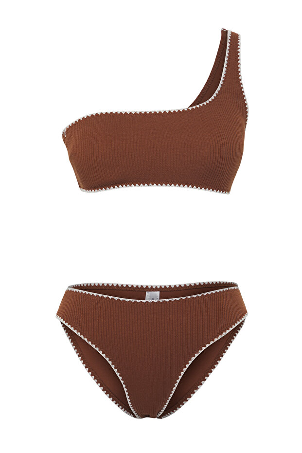 Kahverengi Nakışlı Tek Omuz Kaplı Regular Normal Bel Bikini Takımı TBESS25BT00020 - 6