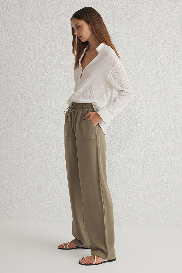 Haki Beli Lastikli Ederli Kumaş Pull On Jogger Dokuma Pantolon TWOSS25PL00010 - 2