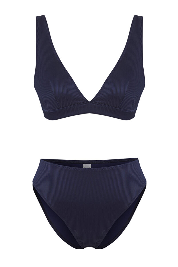 Koyu Lacivert Üçgen Kaplı Regular Yüksek Bel Bikini Takımı TBESS25BT00004 - 5