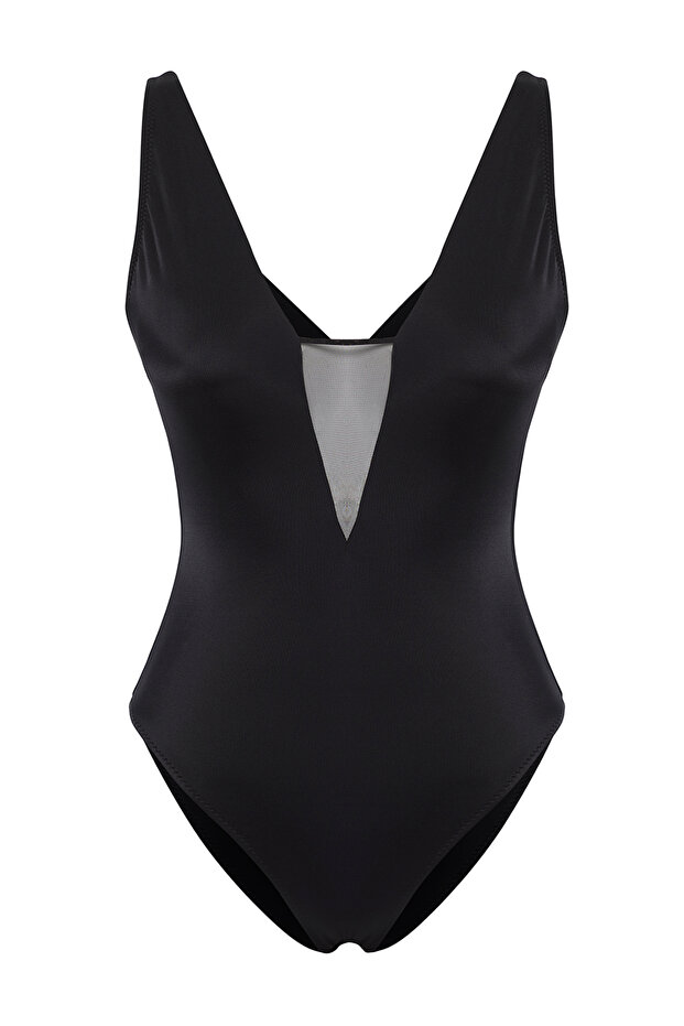 Siyah Mesh Detaylı Derin V Yaka Kaplı Brazilian Mayo TBESS25MA00005 - 6