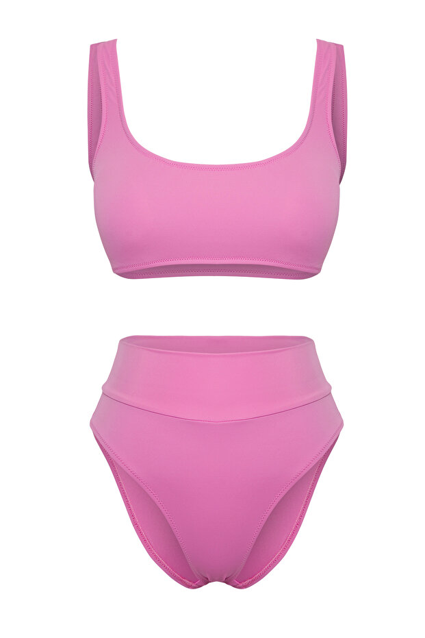 Pembe Kaplı Klora&Suya Dayanık Uzun Ömür LYCRA®XTRALIFE Yüksek Bel Basic Bikini Takımı TBESS22BT0010 - 7