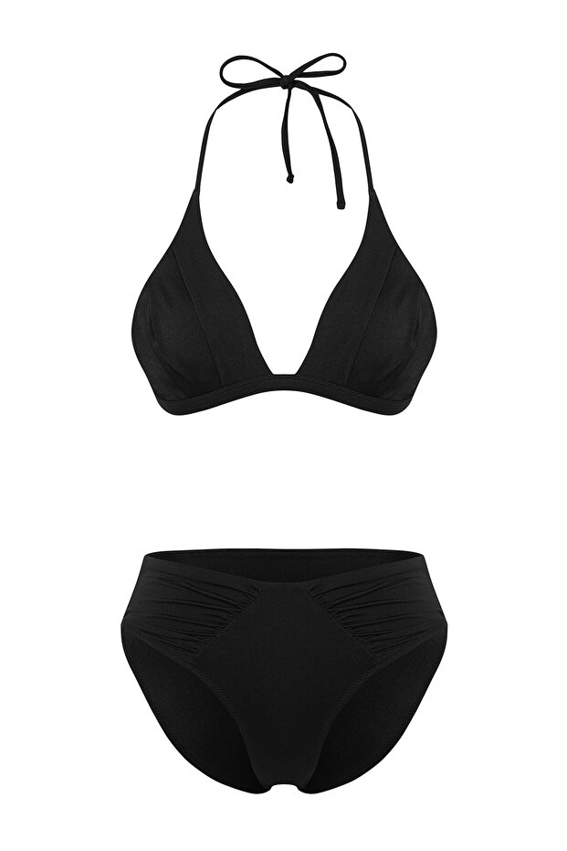 Siyah Drapeli Üçgen Kaplı Hipster Yüksek Bel Bikini Takımı TBESS25BT00049 - 6