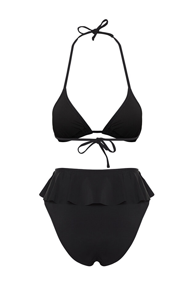 Siyah Fırfırlı Üçgen Kaplı Regular Yüksek Bel Bikini Takımı TBESS25BT00044 - 7
