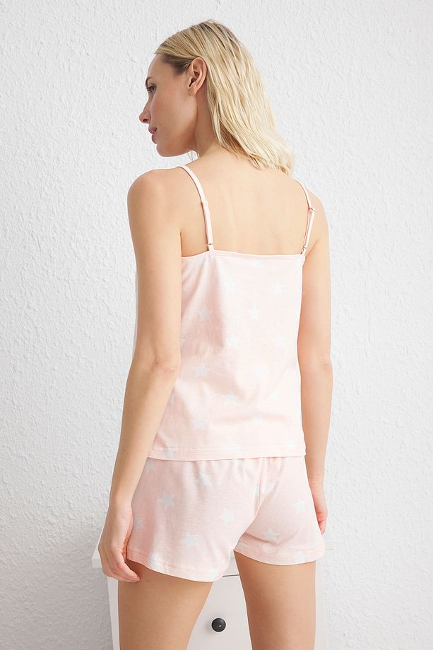 Açık Somon %100 Pamuklu Yıldız Desenli Dantel Detaylı Şortlu Örme Pijama Takımı THMSS25PT00009 - 5