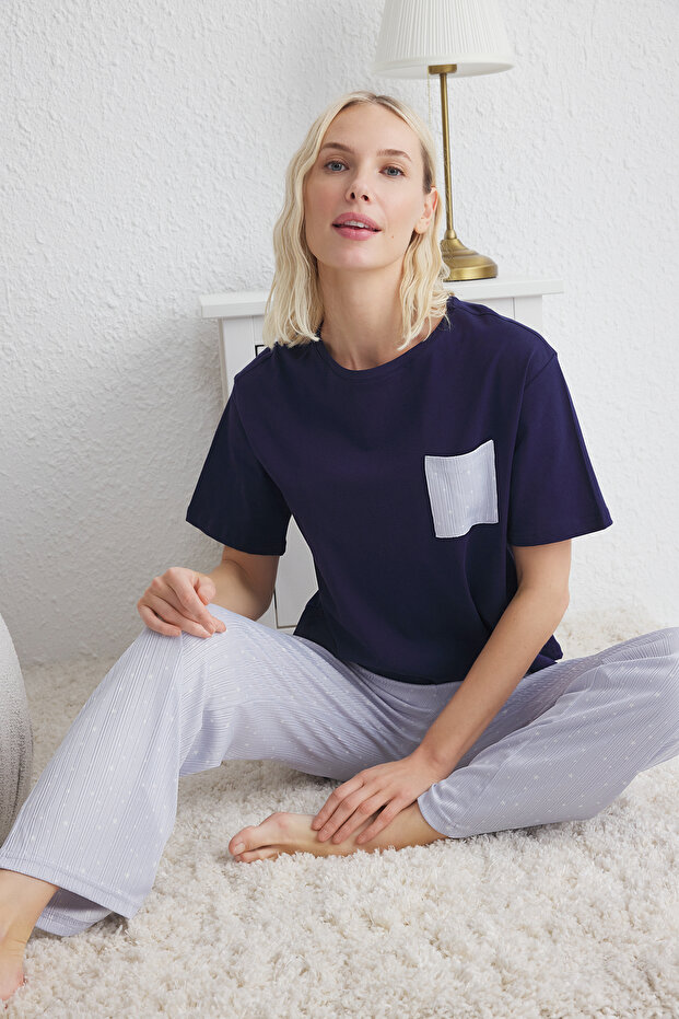 Mavi Yıldız Desenli Cep Detaylı Örme Pijama Takımı THMSS25PT00123 - 2