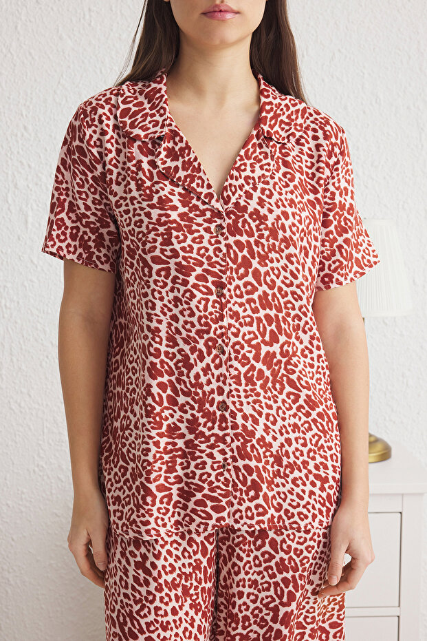 Çok Renkli Leopar Desenli Viskon Dokuma Pijama Takımı THMSS25PT00030 - 3