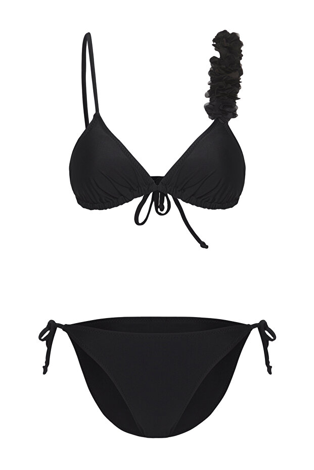 Siyah Üçgen Kaplı Çiçek Aplikeli Regular Bikini Takımı TBESS25BT00081 - 5