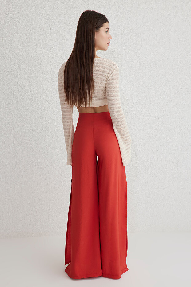 Kırmızı Modal Wide Leg / Geniş Paça Yüksek Bel Yırtmaçlı Dokuma Pantolon TWOSS25PL00006 Palazzo - 5