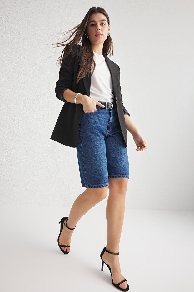 Koyu Mavi Yüksek Bel Denim Bermuda TWOSS25SR00017 - 2