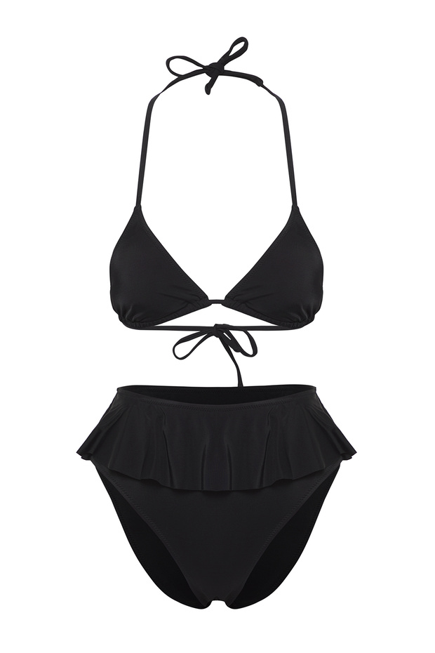 Siyah Fırfırlı Üçgen Kaplı Regular Yüksek Bel Bikini Takımı TBESS25BT00044 - 6