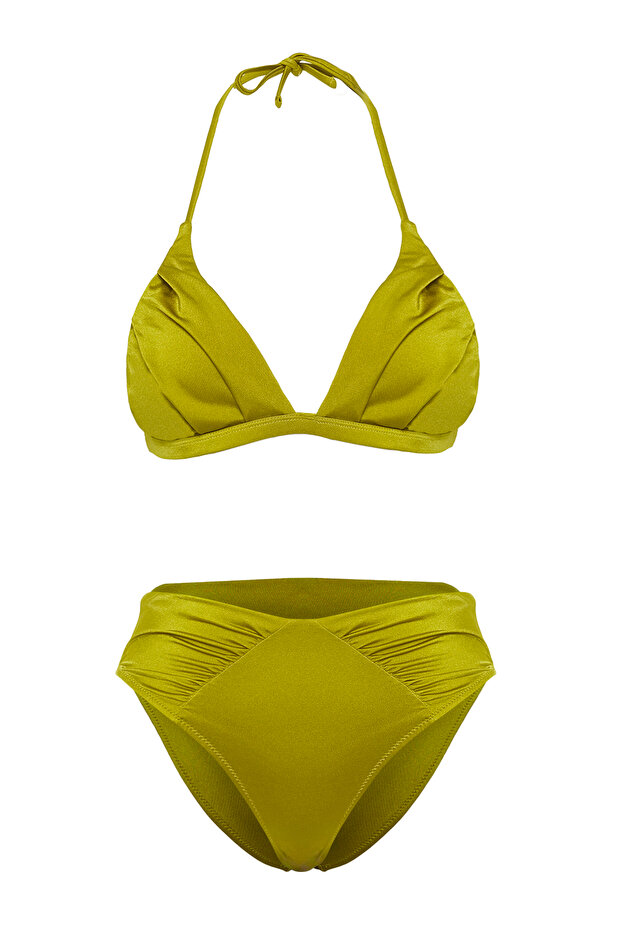 Yeşil Drapeli Üçgen Kaplı Hipster Yüksek Bel Bikini Takımı TBESS25BT00049 - 5