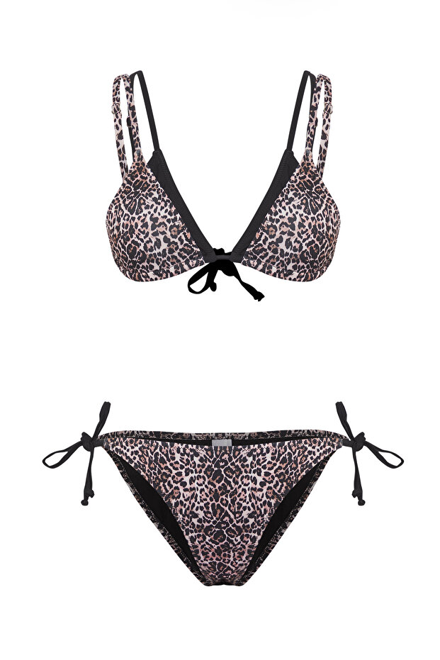 Leopar Desenli Renk Bloklu Üçgen Kaplı Brazilian Normal Bel Bikini Takımı TBESS25BT00034 - 6