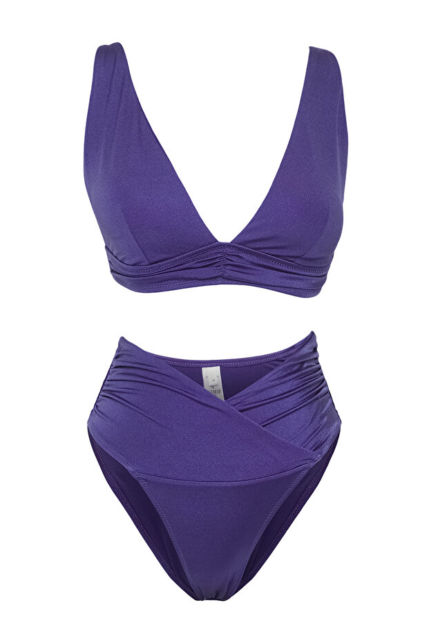 Mavi Drapeli Üçgen Kaplı Brazilian Yüksek Bel Bikini Takımı TBESS25BT00006 - 6