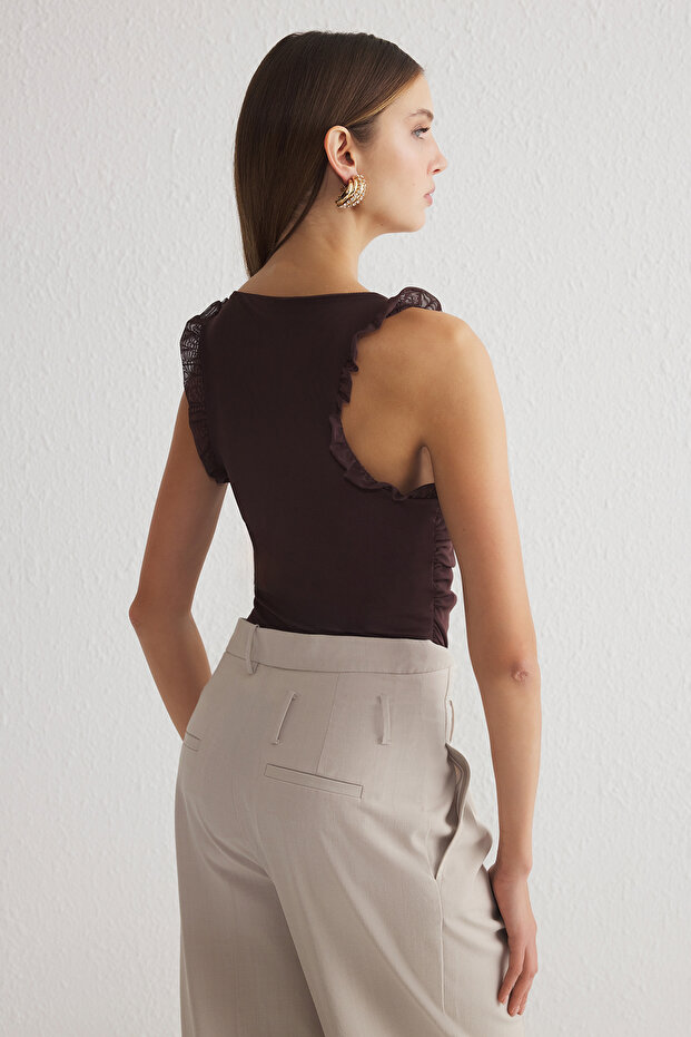 Kahverengi Astalı Tül Örme Body TPRSS25BD00003 - 5