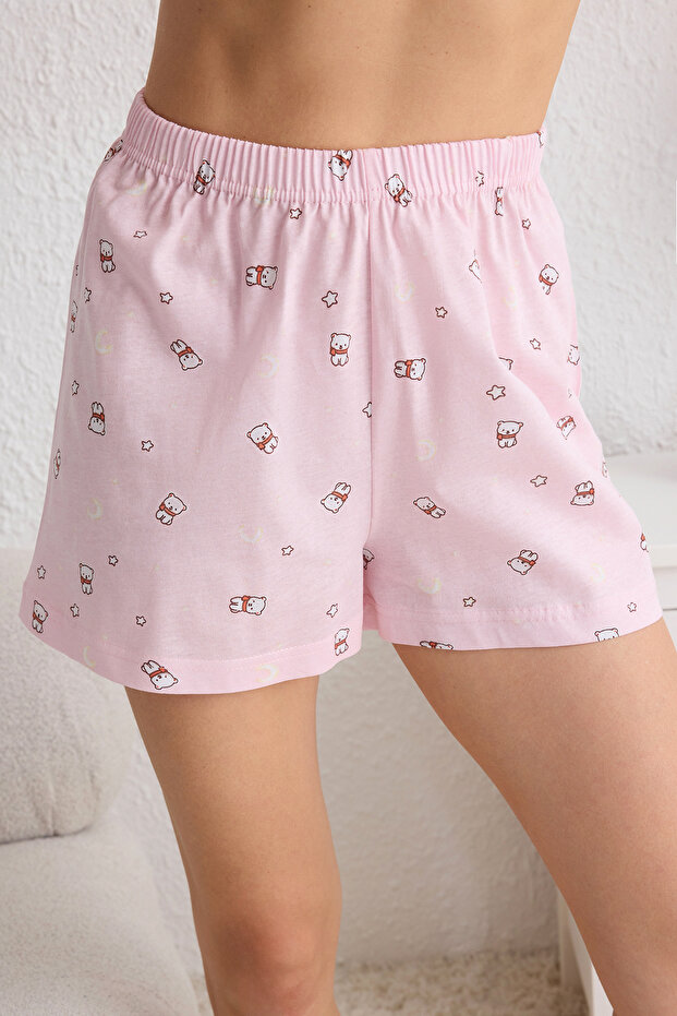 Pembe %100 Pamuklu Ayıcık ve Yıldız Desenli Şortlu Örme Pijama Takımı THMSS25PT00081 - 4
