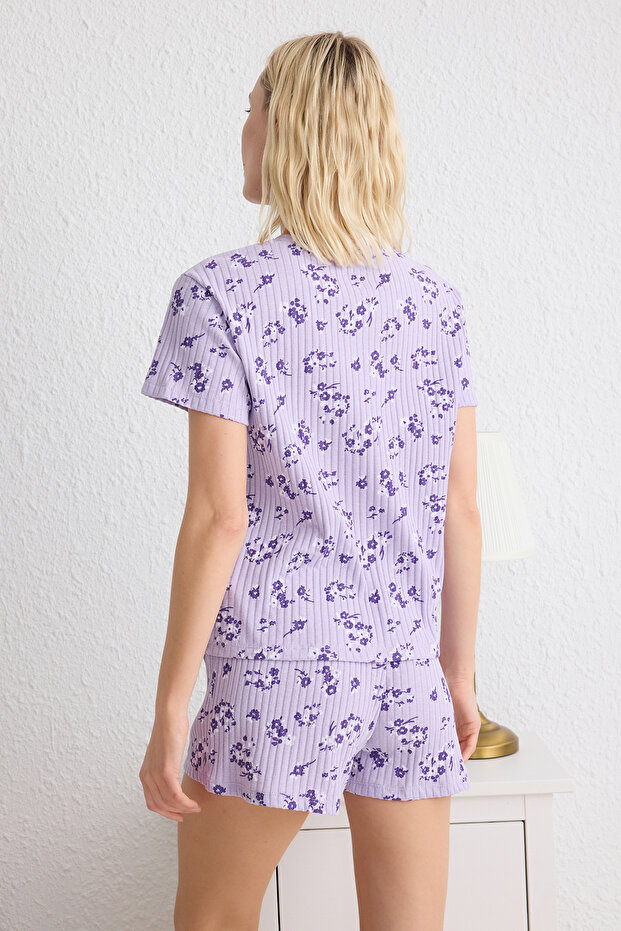 Lila Çiçekli Fitilli T-shirt & Şortlu Örme Pijama Takımı THMSS25PT00015 - 5