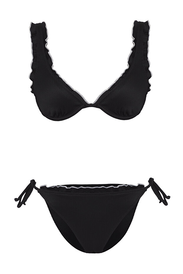 Siyah Fırfırlı Üçgen Kaplı Regular Normal Bel Bikini Takımı TBESS25BT00039 - 5