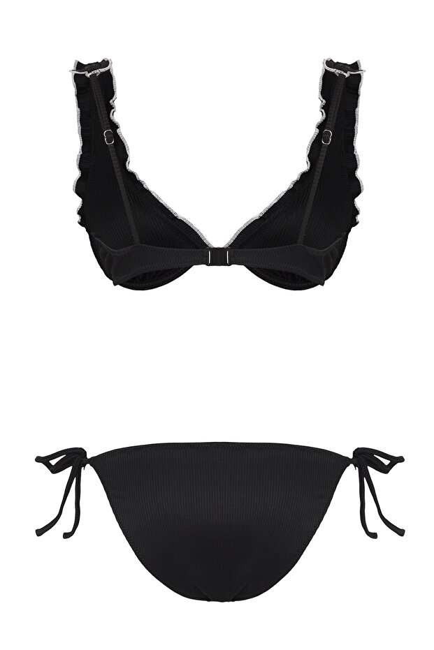 Siyah Fırfırlı Üçgen Kaplı Regular Normal Bel Bikini Takımı TBESS25BT00039 - 6
