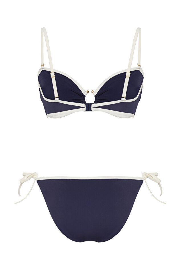 Koyu Lacivert Renk Bloklu Biyeli Straplez Kaplı Brazilian Normal Bel Bikini Takımı TBESS25BT00017 - 6