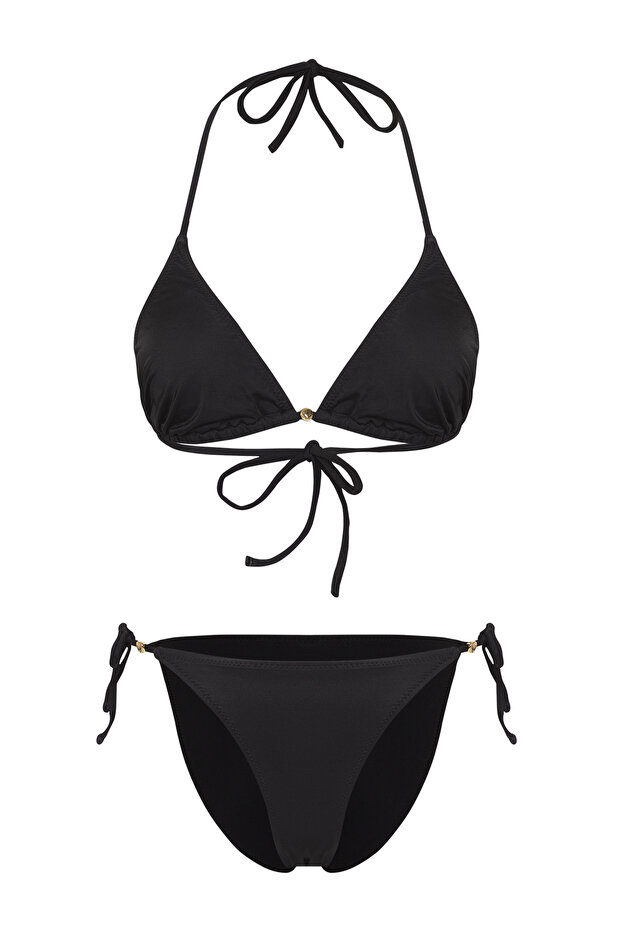 Siyah Aksesuarlı Üçgen Kaplı Brazilian Düşük Bel Bikini Takımı TBESS25BT00055 - 5