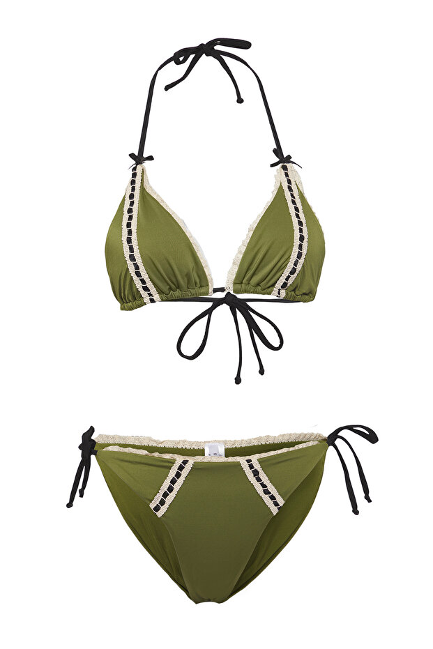 Haki Şeritli Üçgen Kaplı Regular Normal Bel Bikini Takımı TBESS25BT00041 - 7