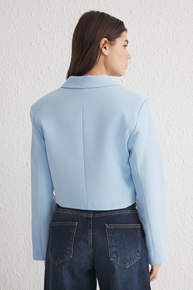 Açık Mavi Bağlama Detaylı Astarlı Crop Dokuma Blazer Ceket TWOSS25BC00025 - 5