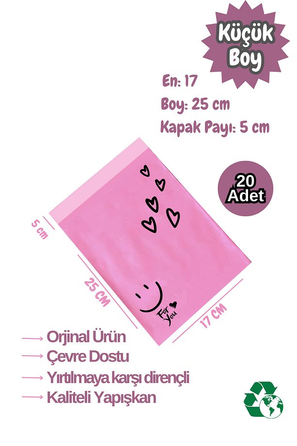 20 Adet 17x30 Küçük Boy Fuşya Kargo Poşeti Cepsiz Hediye Ambalaj Poşeti - 1
