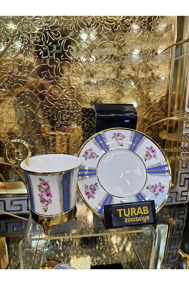 6 Kişilik Çiçekli Gold Desenli Ayaklı Kahve Fincan Takımı 90 ML - 2