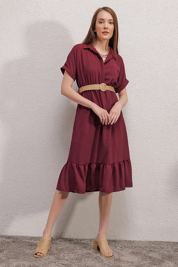 2292 Kemerli Elbise - Bordo - 4