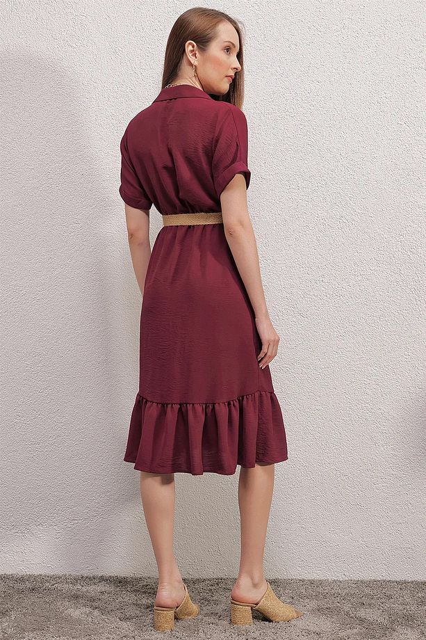 2292 Kemerli Elbise - Bordo - 6