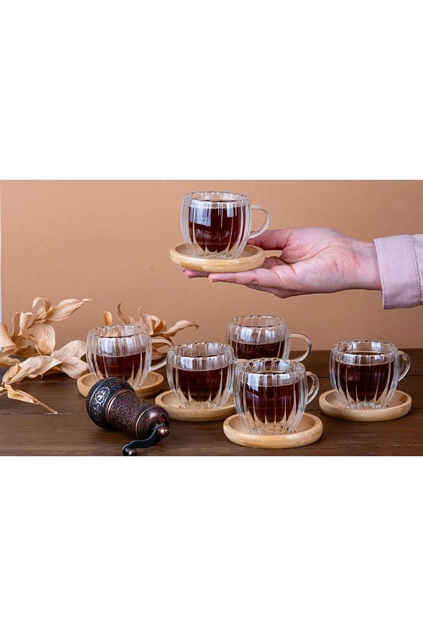 6’lı Bambu Tabaklı Çift Cidarlı Kahve Fincan Takımı Cidarlı Fincan Seti 80 ml 12 Parça - 3