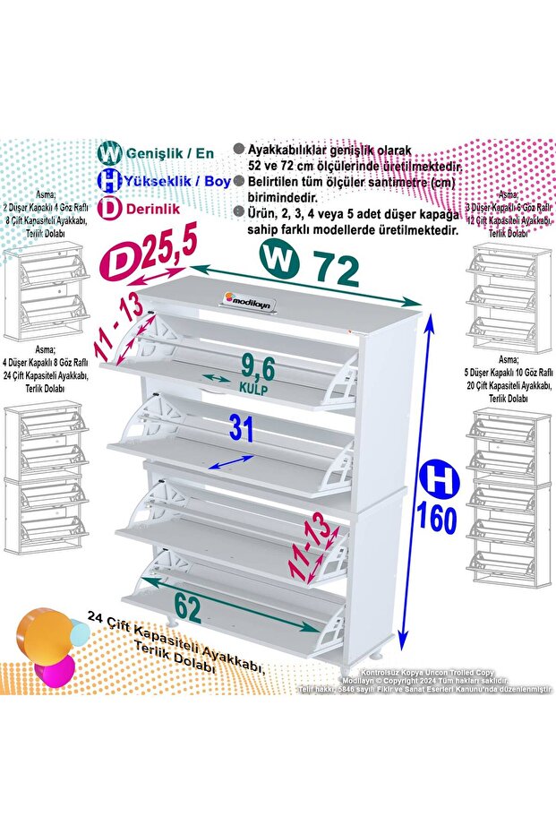 UMAY' 2 Li Antre Hol 72 x 168 x 25,5 cm’ lik 4 Düşer Kapak 8 Göz Bölmeli Ayakkabılık - 5