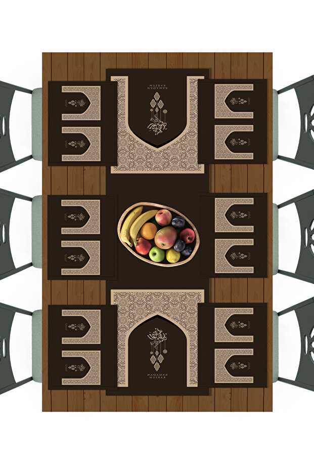 Ramadan Table Runner + 6 item(s) Placemat / Table Set / Stain Resistant and Washable Micro Honeycomb Fabric