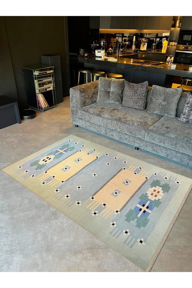 Crescent Collection Soft Tones Green Blue Geometric Patterned Woven Base Decorative Carpet Hilal18