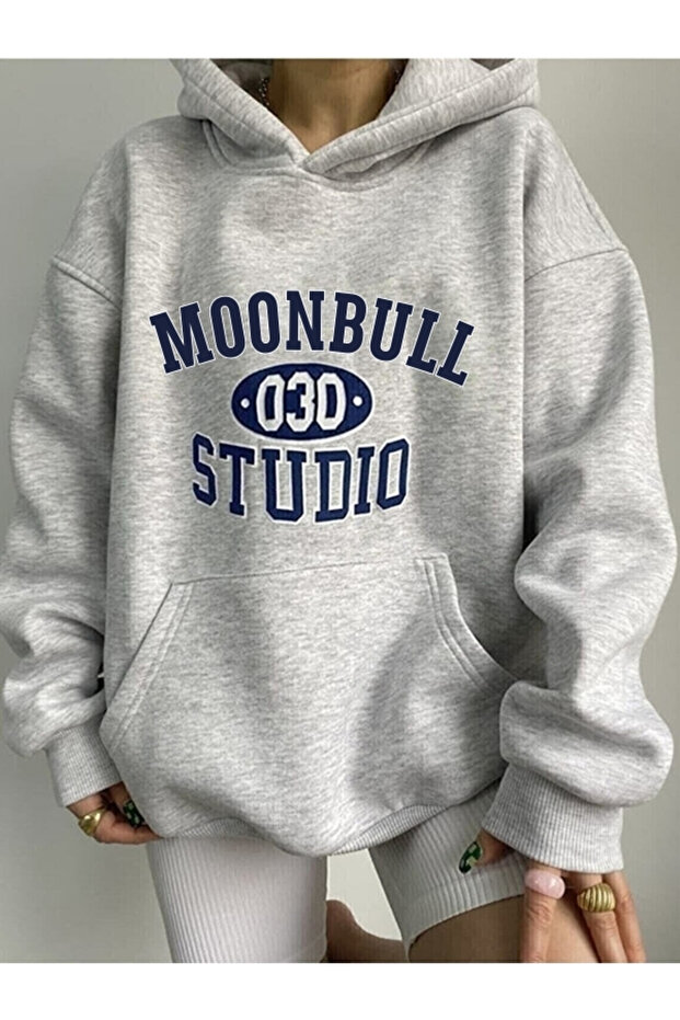 Studıo Baskılı Gri Kapüşonlu Oversize Sweatshirt - 1