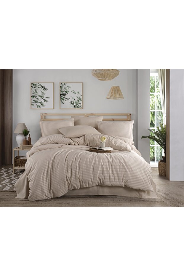 Natural Stripe Cotton Double Duvet Cover Set
