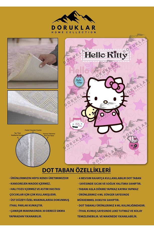 Kaymaz Taban Makinada Yıkanabilir Dijital Baskı Hello Kitty Desenli Çocuk Odası Halısı Dot Taban Hal - 2