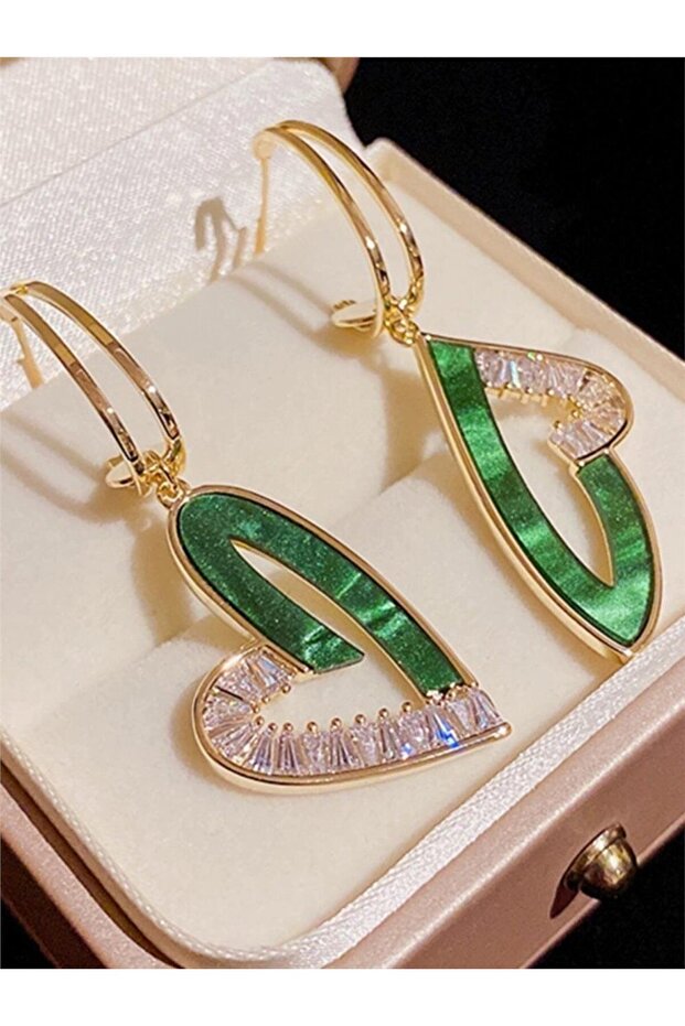 Asymmetrical Heart Earrings with Green Baguette Embellished